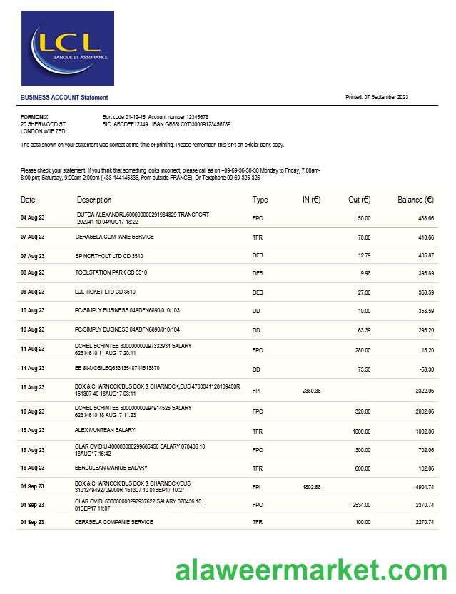 LCL Bank business statement Word and PDF template